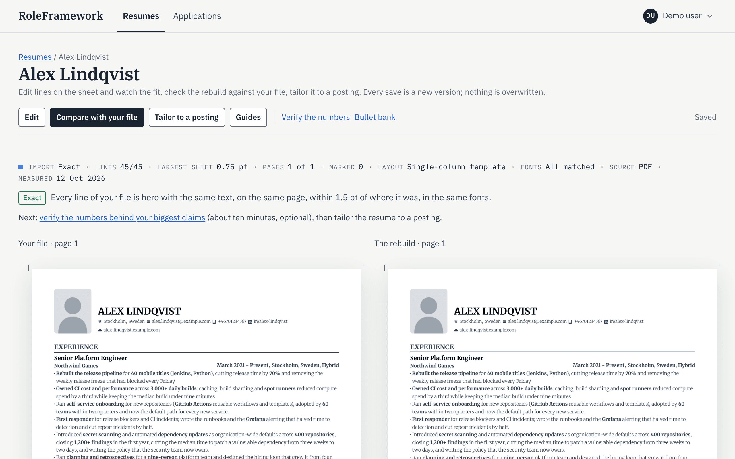 The import result for a synthetic resume: a readout saying Exact, 45 of 45 lines, largest shift 0.75 pt, all fonts matched, above the original PDF and the editable rebuild side by side.
