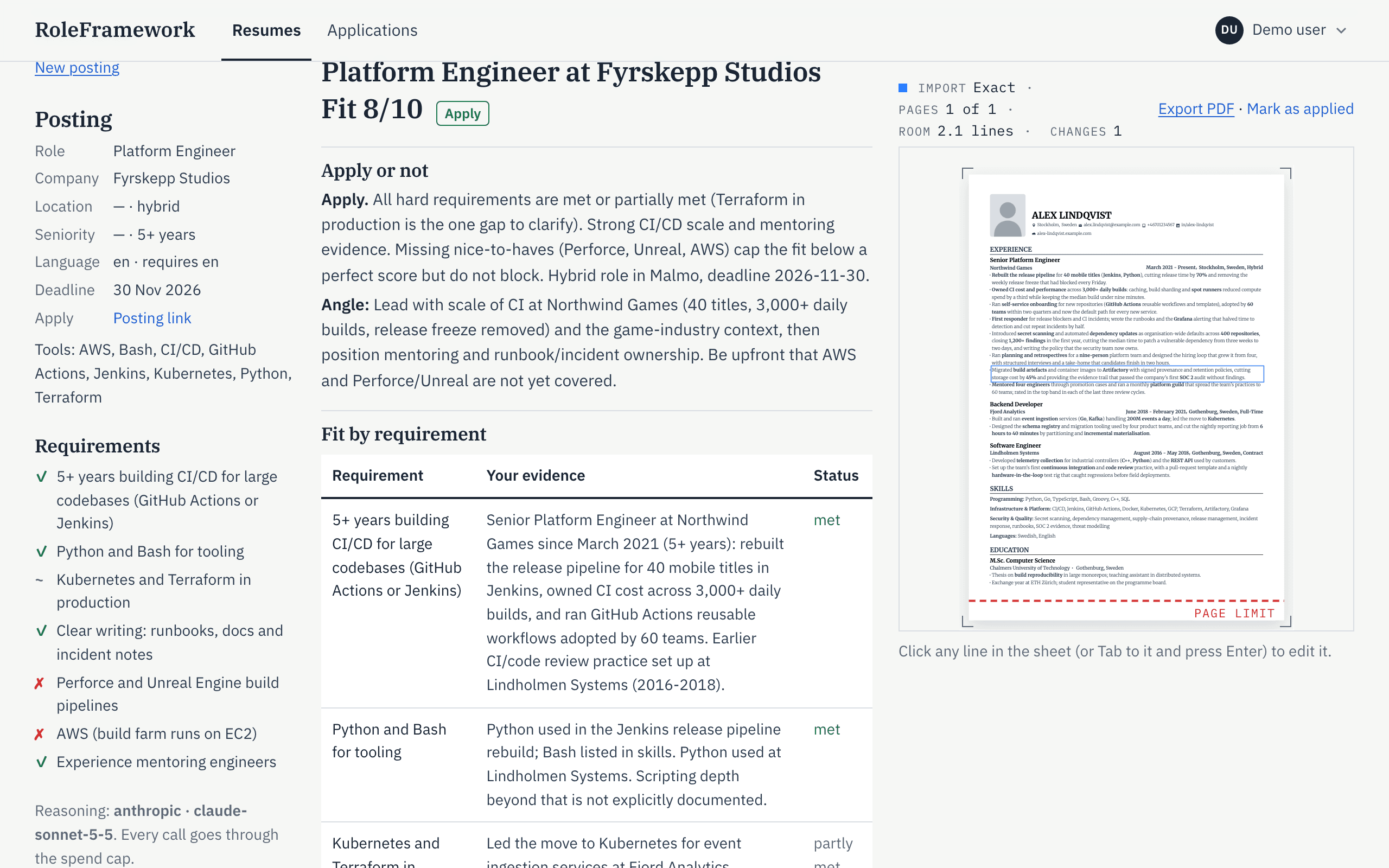 The assessment of a fictional Platform Engineer posting: fit 8 out of 10 with the advice Apply, the reasons, and a table that sets each requirement against the evidence in the resume.