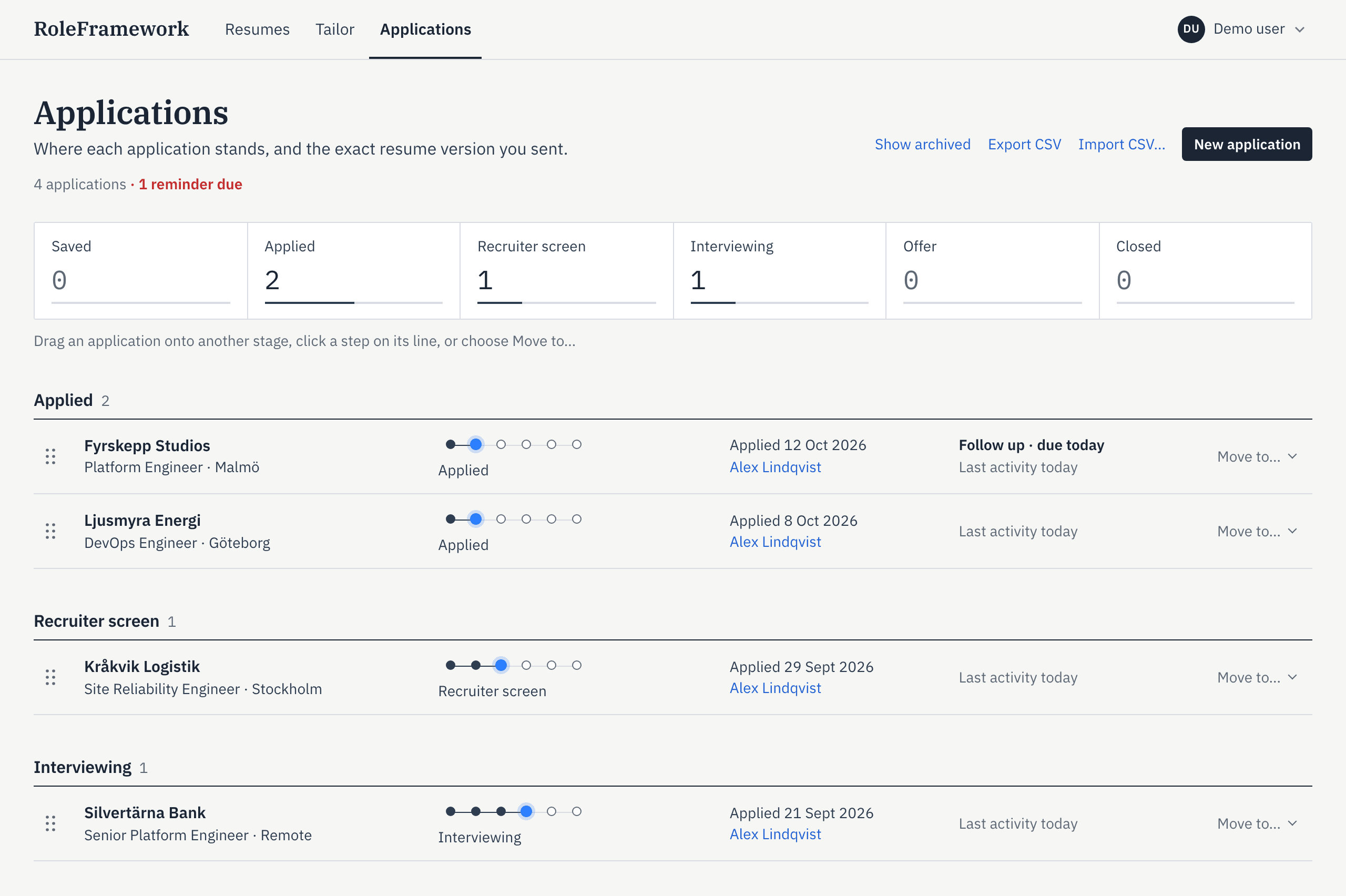 The applications page with four applications at fictional companies, counted by stage at the top and grouped below: two under Applied, one under Recruiter screen and one under Interviewing. Each row shows the role, the date you applied and the resume version you sent; one has a follow-up due today.