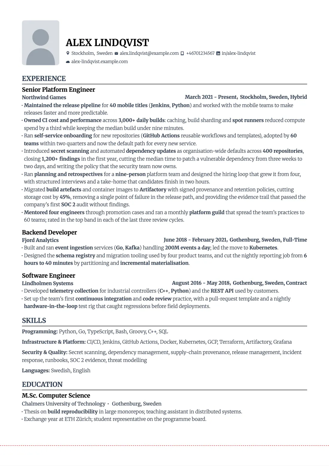The same example resume before tailoring. In the first role, the first bullet has its earlier wording and the bullet added later is not there yet. A dashed red line near the bottom marks the page limit.