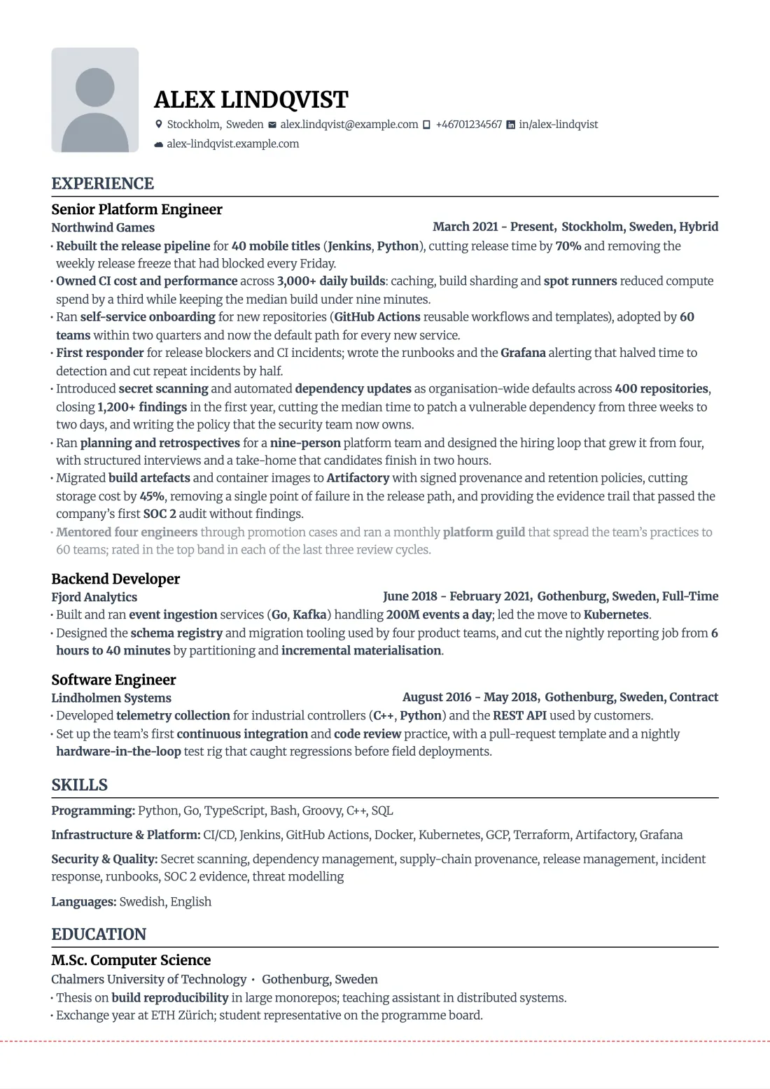 Example resume for a fictional platform engineer, Alex Lindqvist, after tailoring to a posting. In the first role, the first bullet is marked as reworded, the fourth as added and the eighth, greyed, as cut. A dashed red line near the bottom marks the page limit; all text sits above it.